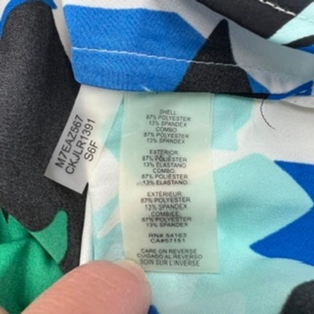 Calvin Klein Womens Blue Green Abstract Geometric Cold Shoulder Blouse Small - Picture 9 of 9